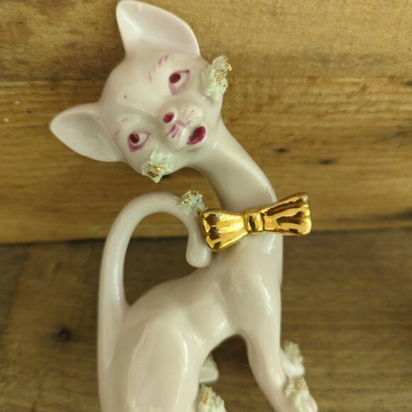 Vintage 1950s Thames Ceramic Spaghetti Cats Figurines Rhinestone Eyes Gold Bows - Picture 5 of 10